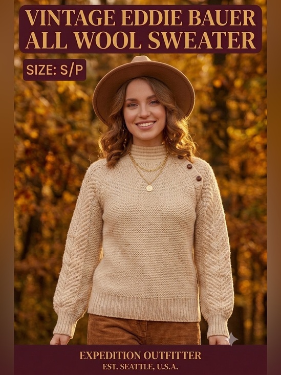 Eddie Bauer Sweaters - Vintage 1980s EDDIE BAUER Womens Sweater S/P Cream 100% Pure Wool Button Neck